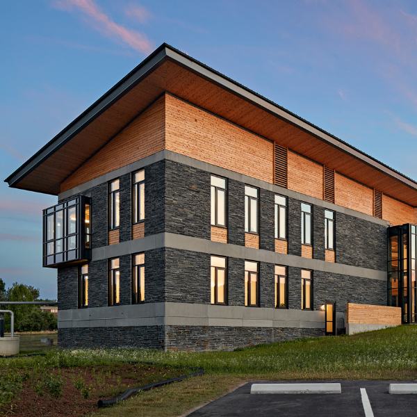 Hampshire College: exterior image of the R. W. Kern Center, a 17,000 sq. ft. multi-purpose facility designed to meet the Living Building Challenge.