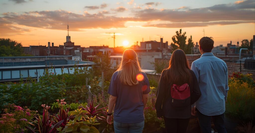 Image shows three people from behind as they stand in a garden on an urban rooftop overlooking a sunset.