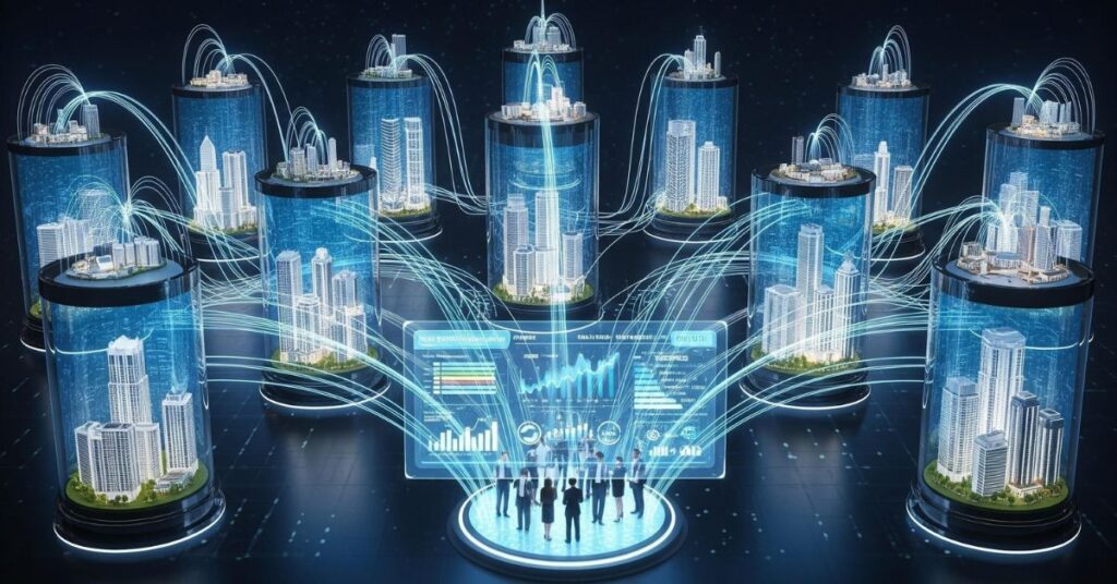 Google. (2025). Gemini AI [Artificial intelligence image generator]. Generated using the prompt [Envision data silos in a way that indicates connecting the data in each results in actionable insights across building portfolios.]