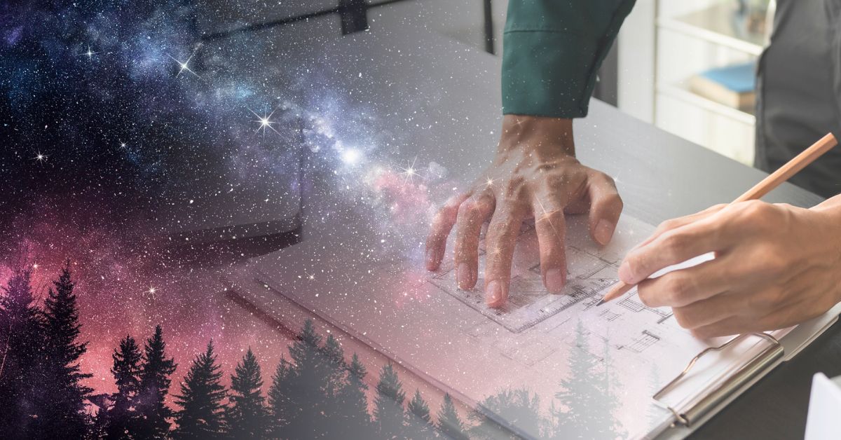 Crimson night sky (image by Sergey Nivens) fades into Architect hands sketching a project design (image by charliepix)