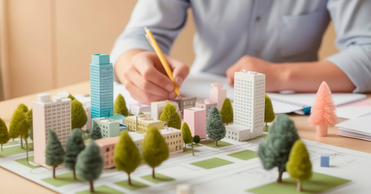 image: torso and hands of man making notes and drawings while seated at a desk with a 3D model of a new campus and park in the foreground.
