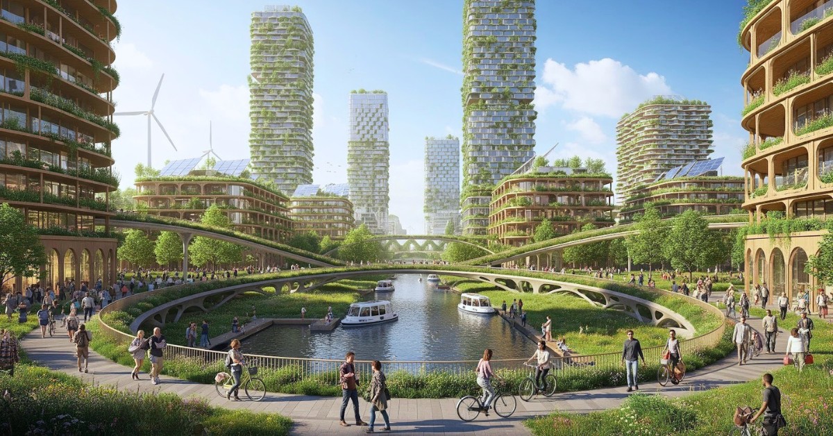 image: visualization of a walkable, biophilic city with clean energy sources and alternative modes of public transportation