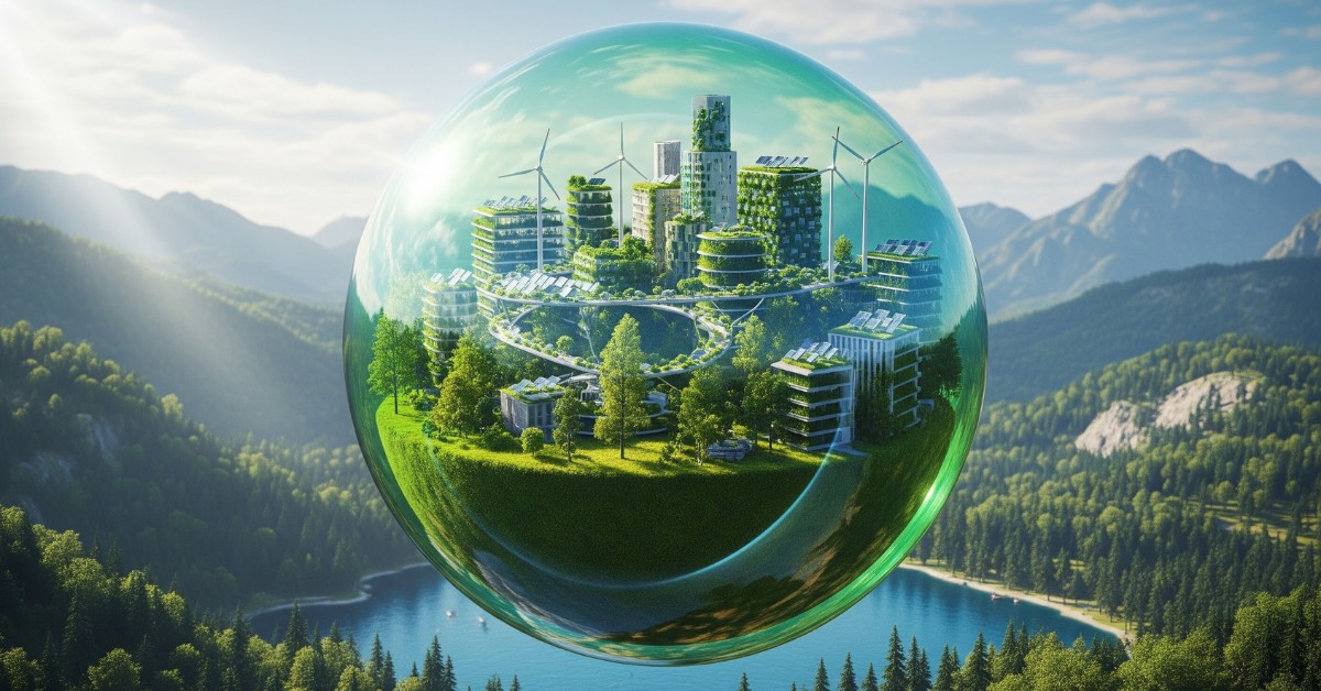 image: visualization of a walkable, a biophilic, net zero, sustainable future city floating in a green sustainability bubble over a natural environment with a lake, trees, and mountains