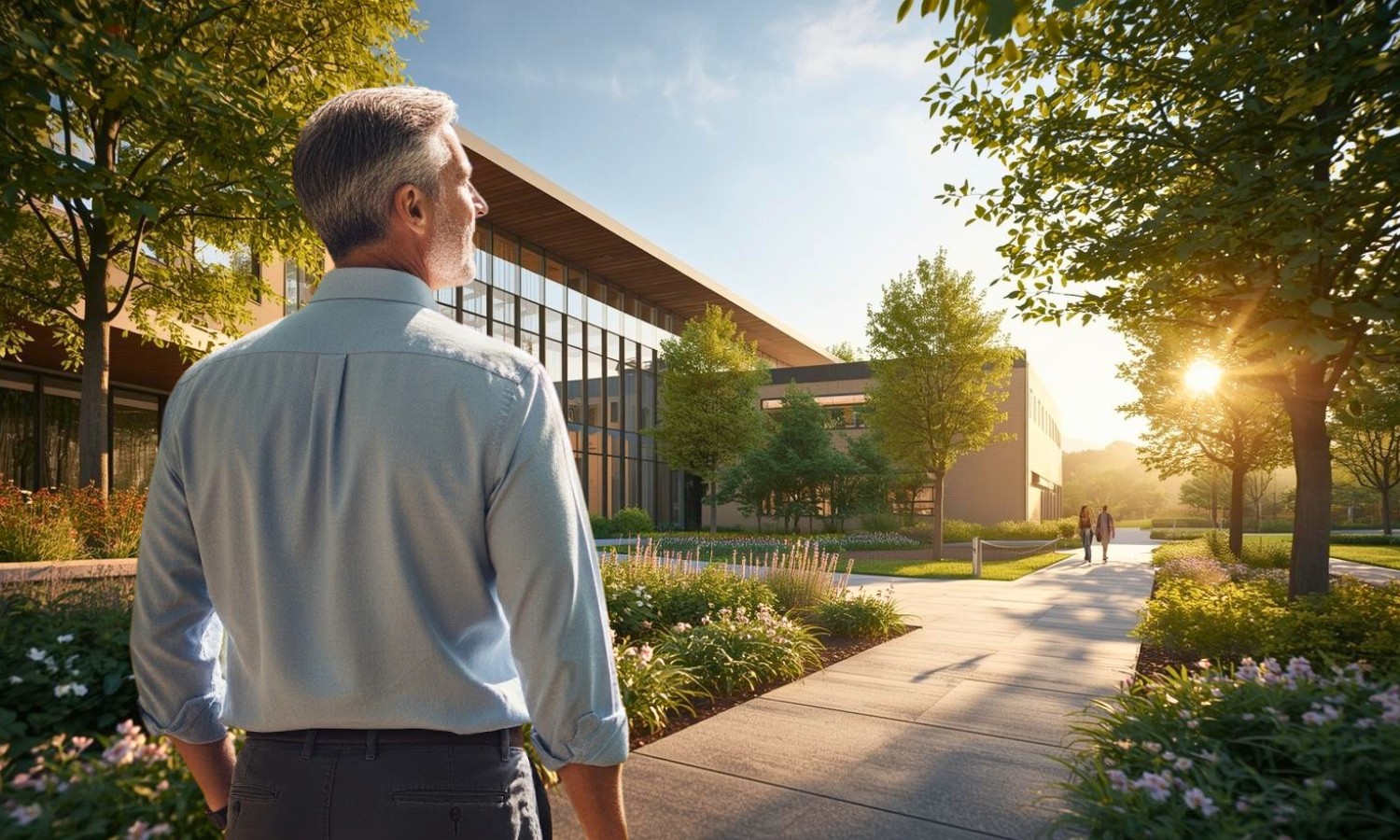 architect looks out over completed academic campus