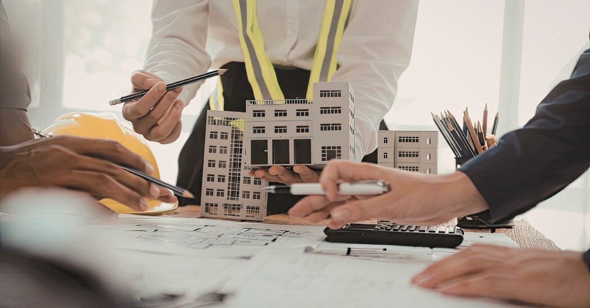 Architects review design plans and 3D model of project